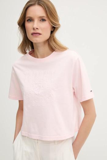 Bavlnené tričko Tommy Jeans dámske, ružová farba, DW0DW20326