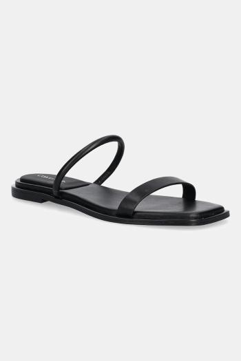 Kožené šľapky Calvin Klein FLAT SANDAL SQUARED 2-BAR LTH čierna farba, HW0HW02532