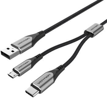 Adatkábel Vention USB 2.0 to USB-C & Micro USB Y-Splitter Cable 0.5m Gray Aluminum Alloy Type