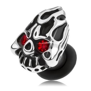 Oceľový plug do ucha striebornej farby, lebka s horiacou hlavou, červené zirkóny - Hrúbka: 8 mm
