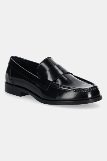 Kožené mokasíny Calvin Klein MOC LOAFER - BRUSH L dámske, čierna farba, na plochom podpätku, HW0HW02306