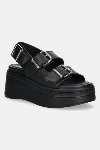 Kožené sandále Tommy Jeans WEDGE SANDAL dámske, čierna farba, na platforme, EN0EN02774