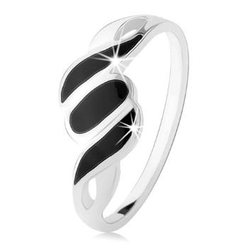 Strieborný 925 prsteň, hladké ramená, šikmé čierne línie a ovál - Veľkosť: 58 mm
