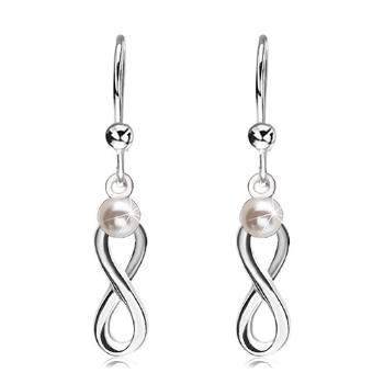 Strieborné 925 náušnice, lesklý symbol INFINITY s bielou perličkou