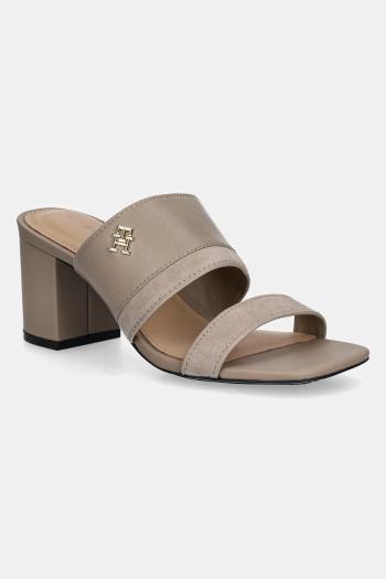 Kožené šľapky Tommy Hilfiger LEATHER & SUEDE BLOCK HEEL MULE dámske, béžová farba, na podpätku, FW0FW08530