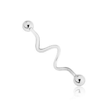 Oceľový zvlnený piercing do ucha ukončený guličkami - Dĺžka piercingu: 32 mm