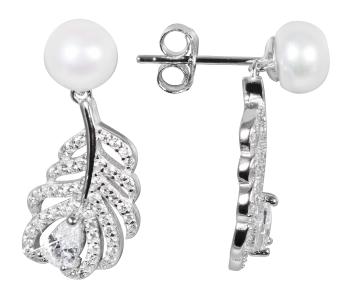 JwL Luxury Pearls Perlové náušnice s bielou pravou perlou a zirkónmi Peříčka JL0536