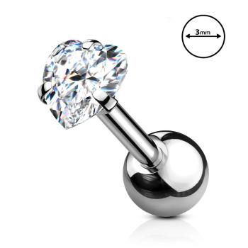 Piercing z 316L ocele do tragusu - číry srdiečkový zirkón, dĺžka 8 mm, priemer 3 mm