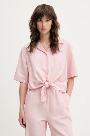 Košeľa s prímesou ľanu Tommy Jeans ružová farba, voľný strih, s klasickým golierom, DW0DW20286