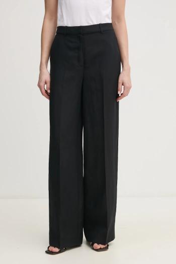 Nohavice s prímesou ľanu Calvin Klein dámske, čierna farba, rovné, vysoký pás, K20K208381