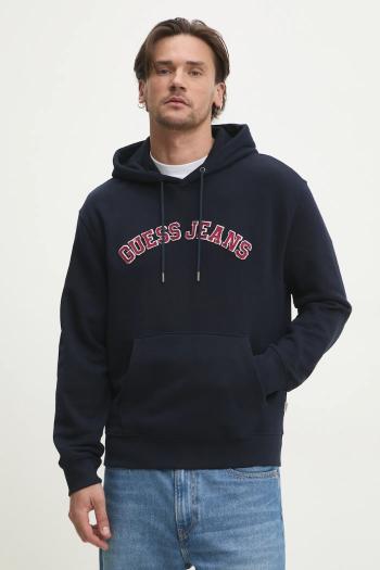 Bavlnená mikina Guess Jeans pánska, tmavomodrá farba, s kapucňou, s nášivkou, M5RQ44 KCPR1