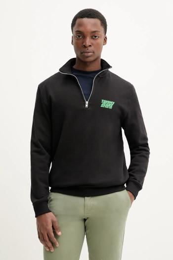 Bavlnená mikina Tommy Jeans pánska, čierna farba, s potlačou, DM0DM21865