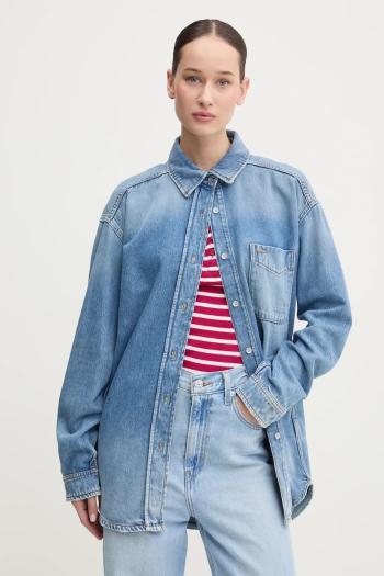 Rifľová košeľa Tommy Jeans dámska, voľný strih, s klasickým golierom, DW0DW19855