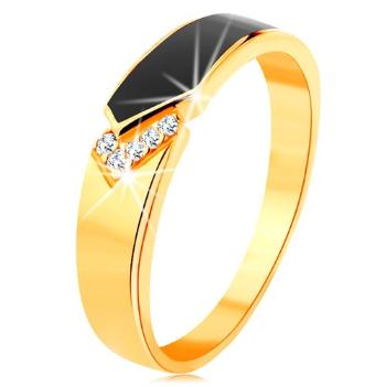 Prsteň zo žltého 14K zlata - čierny glazúrovaný pás so špicom, číre zirkóniky - Veľkosť: 56 mm