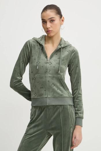 Velúrová mikina Juicy Couture zelená farba, s kapucňou, vzorovaná, JCWAS125302
