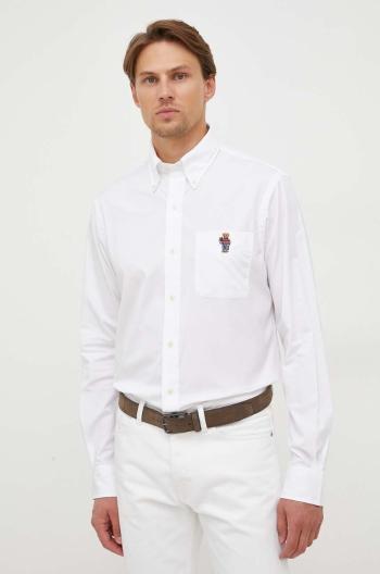 Bavlnená košeľa Polo Ralph Lauren pánska, biela farba, regular, s golierom button-down