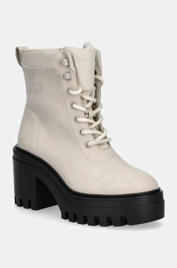 Členkové topánky Calvin Klein Jeans CHUNKY HEELED ZIP BOOT LTH dámske, béžová farba, na podpätku, YW0YW01548