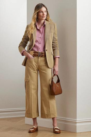 Bavlnené nohavice Lauren Ralph Lauren béžová farba, široké, vysoký pás, 200974894