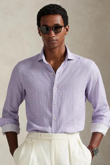 Ľanová košeľa Polo Ralph Lauren ružová farba, regular, s talianskym golierom, 710974546
