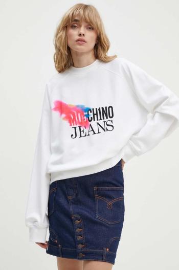 Bavlnená mikina Moschino Jeans dámska, biela farba, s potlačou, 1709.8233