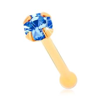 Piercing do nosa v žltom 14K zlate - okrúhly zirkónik modrej farby, 1,5 mm