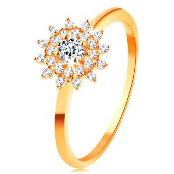Prsteň zo žltého 14K zlata - číre zirkónové slnko, lesklé tenké ramená - Veľkosť: 59 mm