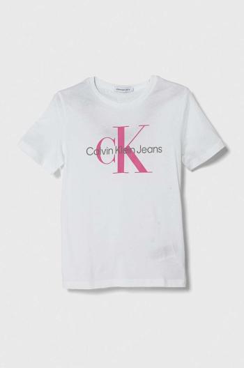 Detské bavlnené tričko Calvin Klein Jeans biela farba, s potlačou