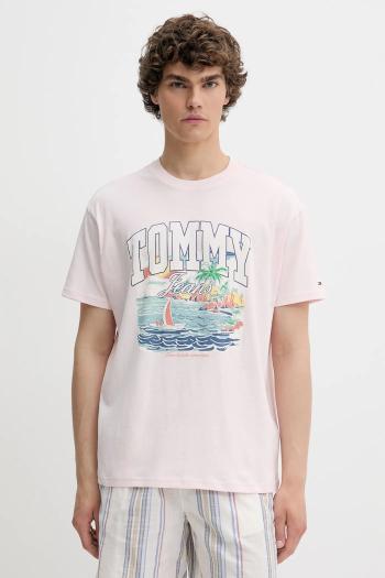 Bavlnené tričko Tommy Jeans pánske, ružová farba, s potlačou, DM0DM21867
