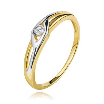 Diamantový prsteň zo 14K zlata, dvojfarebné ramená s výrezmi, číry briliant - Veľkosť: 54 mm