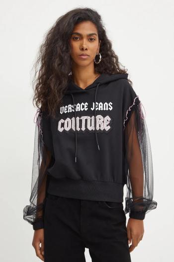 Bavlnená mikina Versace Jeans Couture dámska, čierna farba, s kapucňou, s potlačou, 77HAIC01 CF00C