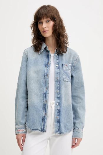 Bavlnená rifľová košeľa Tommy Jeans voľný strih, s klasickým golierom, DW0DW20665