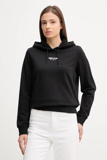 Bavlnená mikina Tommy Jeans čierna farba, s kapucňou, s potlačou, DW0DW20943