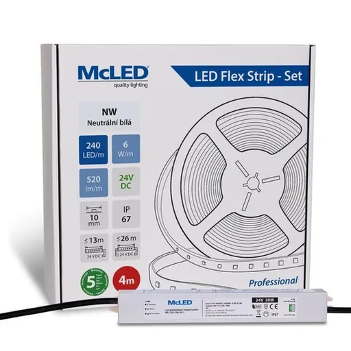 McLED LED páska - sada 4 m, 240 LED/m, NW, 6 W/m, DC 24V, 520 lm/m, CRI90, IP67, 10 mm, vodič 3 m ML-126.033.90.S04001