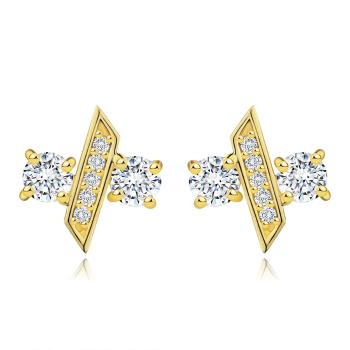 Zlaté 14K náušnice zo žltého zlata - okrúhle zirkóny, šikmá palička