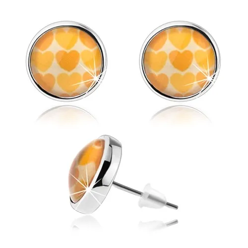 Náušnice cabochon, vypuklé číre sklo, žlté a oranžové srdiečka