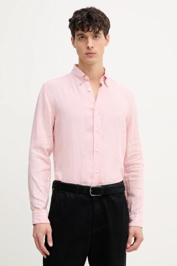 Ľanová košeľa BOSS pánska, ružová farba, slim, s golierom button-down, 50520283