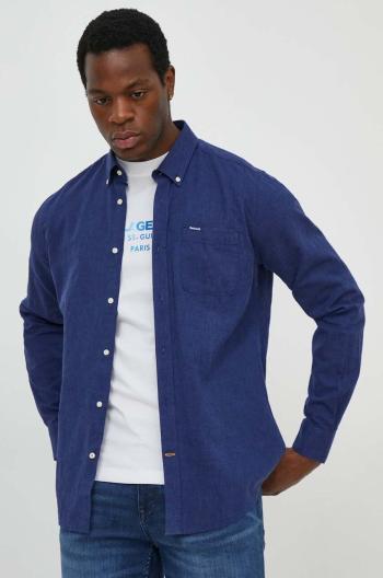 Ľanová košeľa Barbour tmavomodrá farba, slim, s golierom button-down, MSH5090