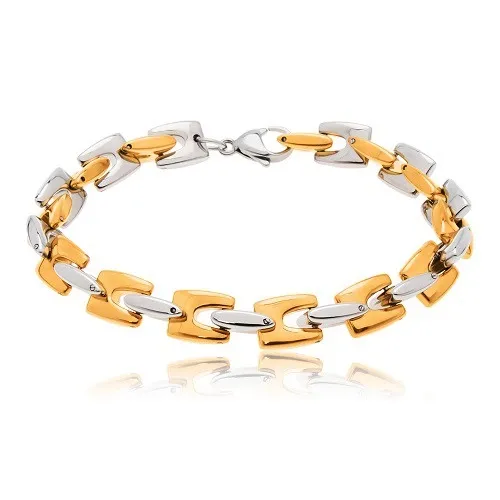 Oceľový náramok, lesklé H-články zlatej a striebornej farby
