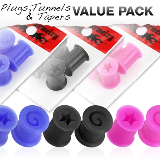 Sada štyroch farebných silikónových tunelov do ucha, zvýšené okraje, hviezda a špirála - Farba piercing: Modrá