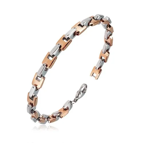 Oceľový náramok - kolmo napájané U-články ružovozlatej a striebornej farby, 6 mm