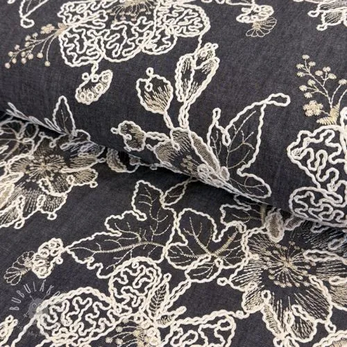 Bavlnená látka JEANS EMBROIDERY Bouquet black