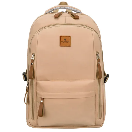 Béžový školský batoh z polyesteru s priehradkou na notebook a úchytom na kufor – Peterson