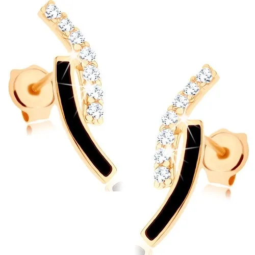 Zlaté náušnice 9K oblúky s čiernou glazúrou a líniou čírych zirkónov