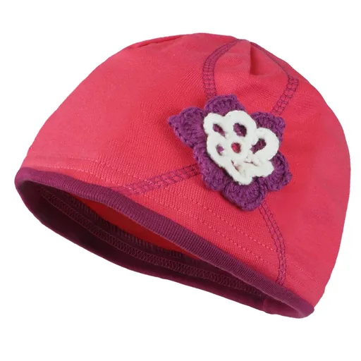 Pletex Detská čiapka s háčkovanou kvetinou - Jahodová | 44-48