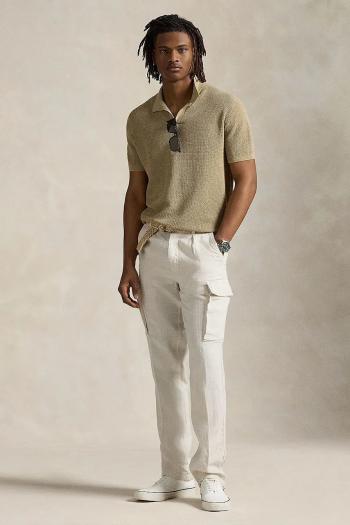 Ľanové nohavice Polo Ralph Lauren pánske, šedá farba, rovné, 710958608