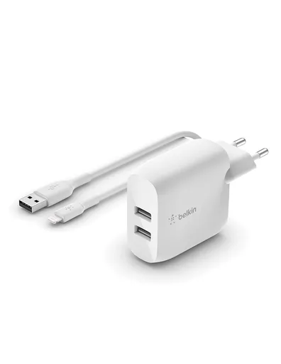 Belkin BOOST CHARGE™ Duálna 24W USB-A nástenná nabíjačka + 1m lightning kábel, biela