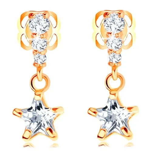 Náušnice v žltom 14K zlate - zvislý pás čírych zirkónov, trblietavá hviezdička