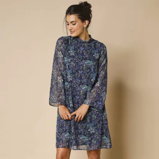 Krátke rozšírené šaty s potlačou, z voálu s trblietavým vláknom