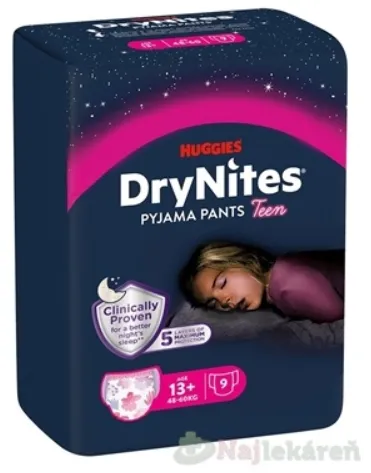 HUGGIES DryNites XL pre dievčatá 13+ rokov plienkové nohavičky 48-60kg 9ks
