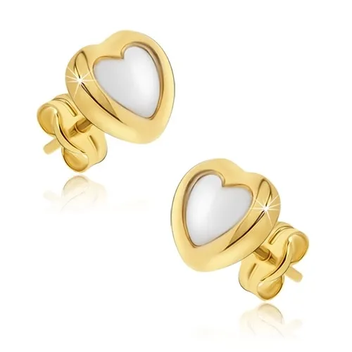 Zlaté náušnice 585 dvojfarebné srdcia so zrkadlovým povrchom
